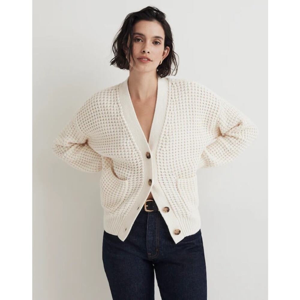 Madewell Waffle Knit V-Neck Cotton Bland Cardigan Women’s XXL Antique Cream